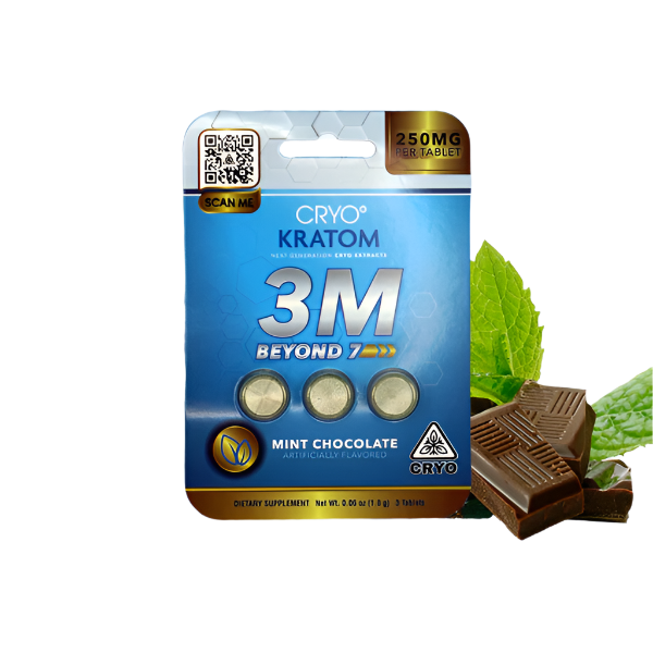 Cryo Kratom 3M package with chocolate and mint leaves on a white background