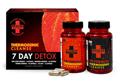 Rescue Detox supplement package with bottles, capsules, and packaging on a white background